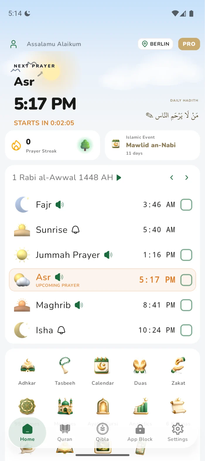 The Muslim Now home screen showing the next prayer, a live countdown, today's prayer times and the daily hadith